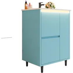 Merax Waschtisch 61 × 46.5 × 87 cm, freistehender Badschrank mit Keramikwaschbecken, LED-Beleuchtung mit Radarsensor, 2 Schubladen, Blau