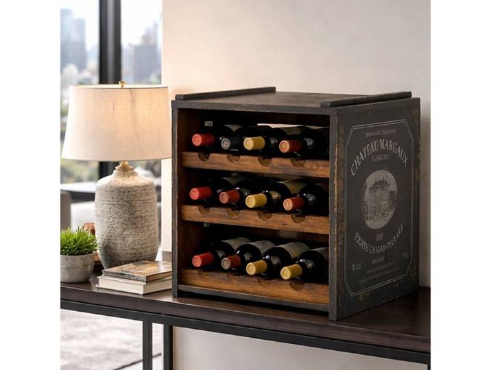 LebensWohnArt Weinregal Flaschenbox SURAT Antique-Schwarz 40cm Mahagoni Shabby Weinregal