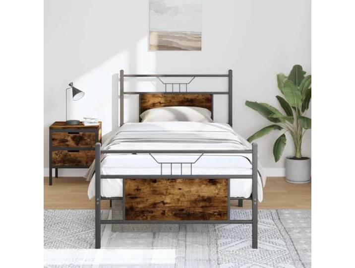 Bettgestell 90x200 cm Räuchereiche Holzwerkstoff Stahlrahmen Stabil, Lattenrost Inklusive, Stauraum Unter Dem Bett, Kopf- Und Fußteil