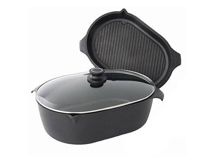 AMT Gastroguss 3er-Set Bräter, bestehend aus Bräter, Gußbräterdeckel mit Grillboden & Glasdeckel, 42 x 28 cm, induktionsgeeignet, Lotan® Antihaft-Veredelung, Gusspfanne (Aluguss), AMZN-I-4228-Set