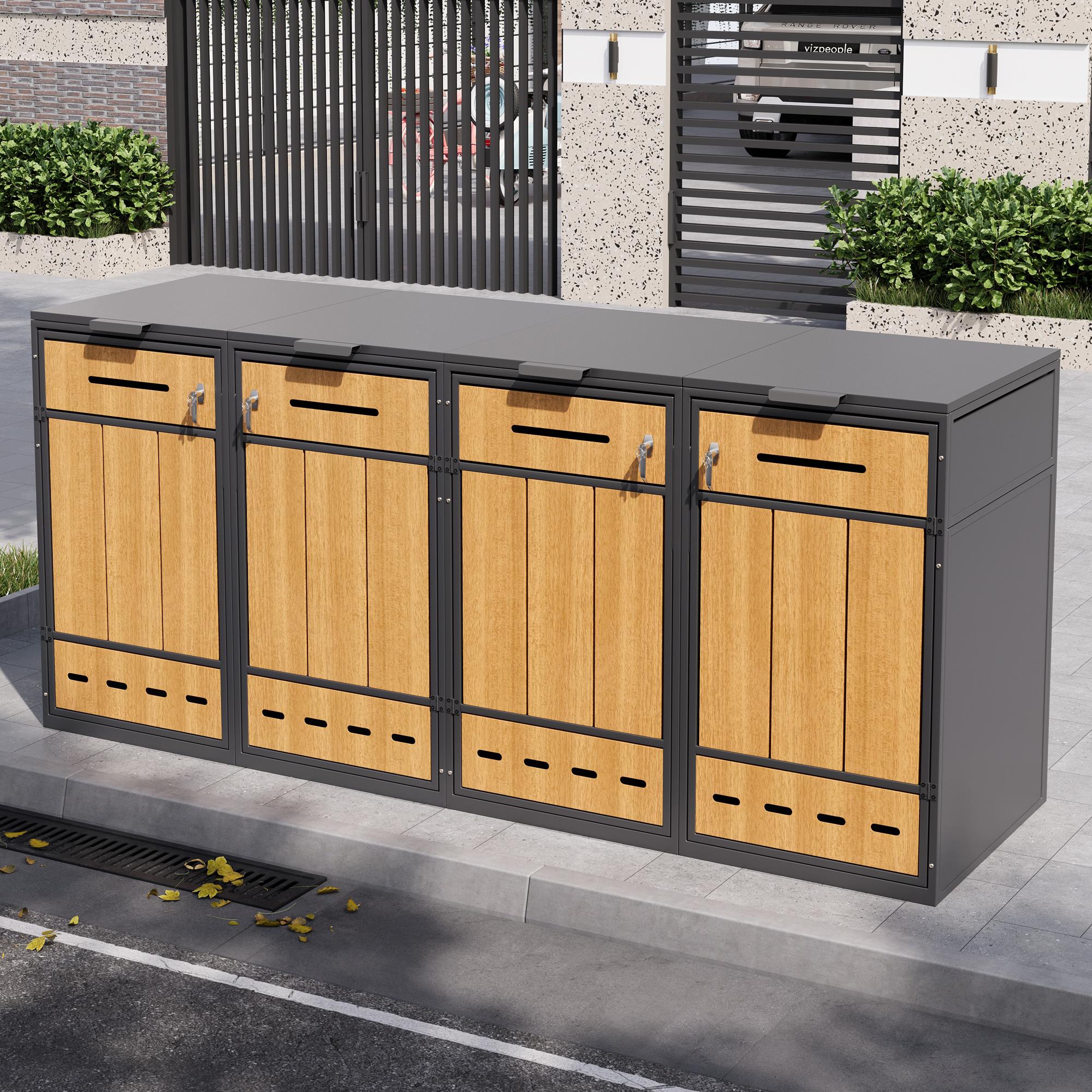 Merax 2er Mülltonnenbox für 2 Abfallbehälter (120-240L) mit zwei Türen, abschließbare Mülltonnenverkleidung mit Belüftung und Holzoptik,Box Klappdeckel