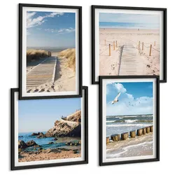 BILDER SET 4er Set - 50x50 cm & 40x60 cm Schwarzer Rahmen - Strand, Sand, Wellen, Himmel, Vögel