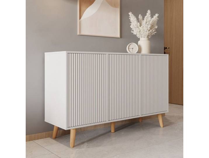 Design Ameublement - Buffet Enfilade RENZO 3D Strié - 3 portes Push-Click - Blanc Mat - 120x76x40cm