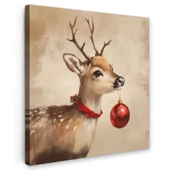LEINWANDBILD Weihnachten - Hirsch - Geweih - Weihnachtskugel - Rentier Wandbild Wohnzimmer 50x50 cm