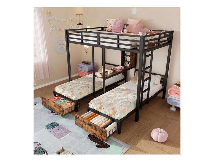 Odikalo Etagenbett Metallbett Seitengittern Staufächern Schubladen 140x200+90x200 Schwarz