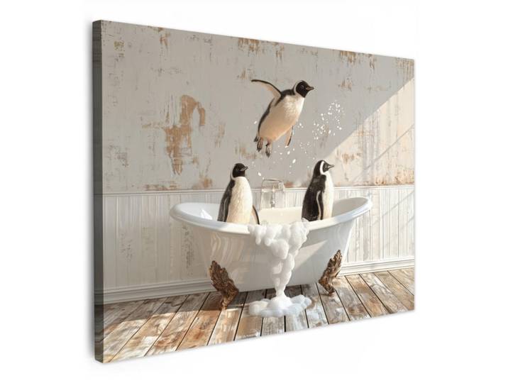 MuchoWow Leinwandbild - Vintage - Pinguin - Badewanne - Schaumstoff - 80x60 - Malerei, Schwarz, Textil, Kiefer, Abstrakt, Rechteckig, 80x60 cm, gerahmt, Bilder & Rahmen, Bilder, Wandbilder