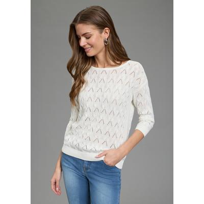 Ajourpullover LAURA SCOTT "im leichten Sommer-Look", Damen, Gr. 48/50, weiß, Strick, Obermaterial: 50% Baumwolle, 50% Polyacryl, unifarben, figurumspielend hüftlang, U-Boot-Ausschnitt, Rippbündchen, Pullover, luftiger Übergangspullover mit femininem...