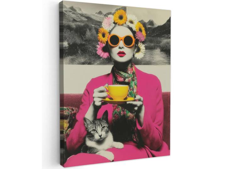 MuchoWow Leinwandbild - Frau - Katze - Blumen - Tasse - Retro - 60x80 - Gemälde, Magenta, Textil, Kiefer, Abstrakt, Rechteckig, 60x80 cm, gerahmt, Bilder & Rahmen, Bilder, Wandbilder