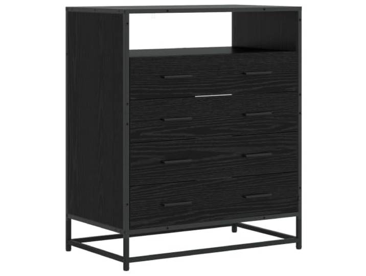 Foknhdi Schubladenschrank mit 4 Schubladen Kommode Schwarz Eichen-Optik Platzsparender Beistellschrank für Wohnzimmer und Flur, flexible Montage mit umkehrbarer Tür und robusten Stangengriffen.