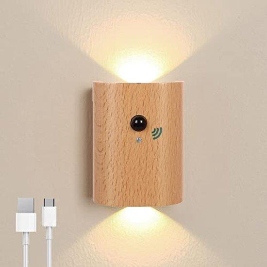 WAN Accu wandlamp met bewegingsmelder en oplaadbare LED - Houten nachtlamp voor binnen