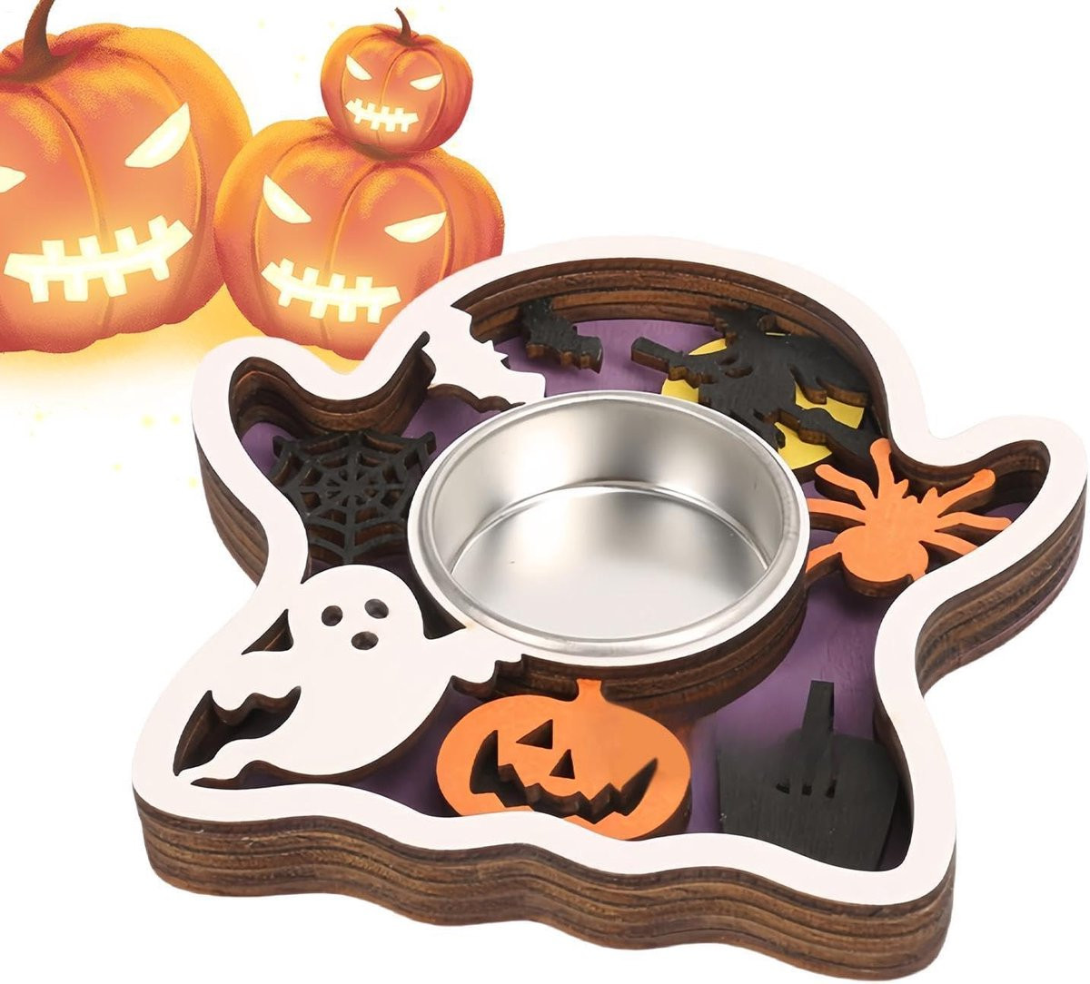 Merkloze houten kaarsenstandaard voor Halloween met 3D-ontwerp, B/D/H: 12 x 12 x 3 cm