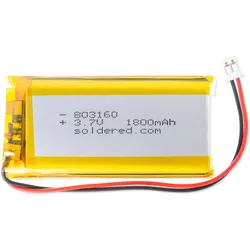 Soldered Li-Ion Akku, Lithium-Polymer, 803160, 3,7V, 1800mAh mit 2 Pin JST Stecker