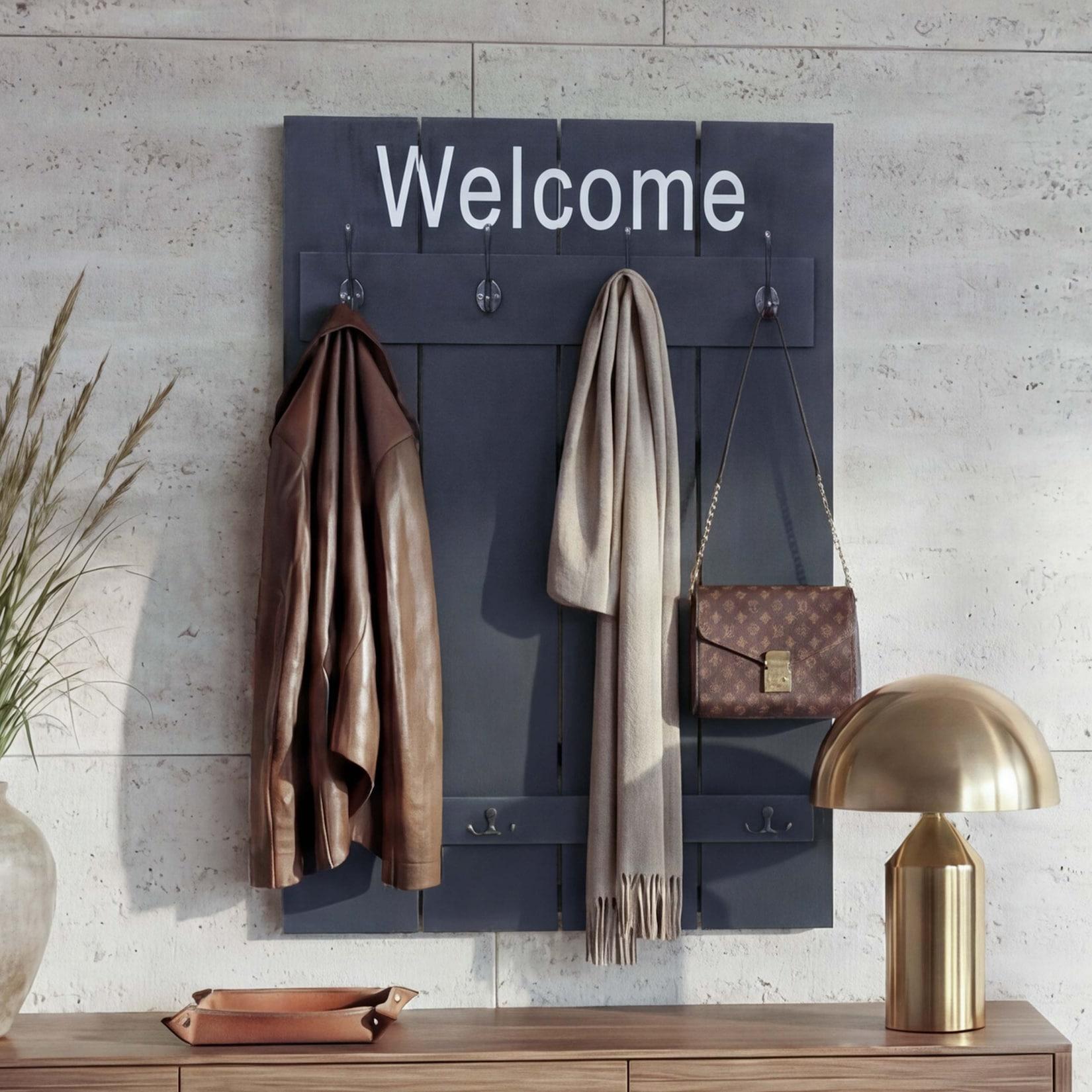 Wandgarderobe MCW-C89 Welcome, Garderobe Garderobenpaneel, Shabby-Look Vintage, 91x60cm ~ dunkelgrau, shabby