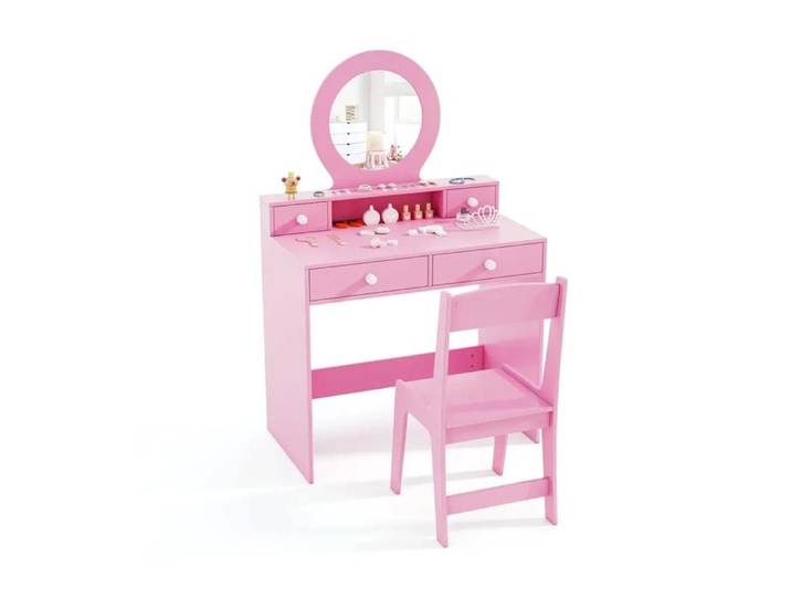 Design Princesse Coiffeuse Enfant avec Chaise Tiroir et Miroir Acrylique pour Chambre Fille Rose