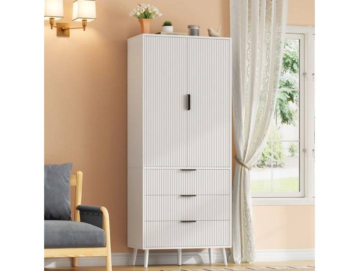 ULEVR Armoire haute de cuisine blanche en MDF 2 portes 3 tiroirs étagères de porte 75 x 35 x 180 cm