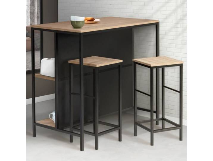 IDMARKET Ensemble table de bar îlot DETROIT et 2 tabourets design industriel
