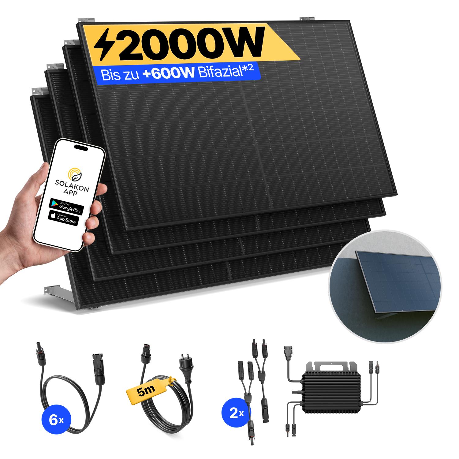 Balkonkraftwerk 2000W Solaranlage mit Wand/Gartenhaus Halterung Steckerfertig Komplettset Photovoltaik Anlage 800W, Kabellänge: 5m, Solakon - onPower
