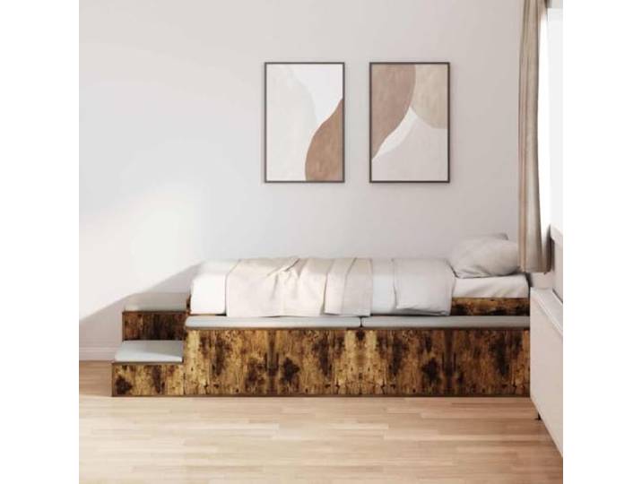Bettgestell mit Stauraum, Eichengrau, 80 cm Holzwerkzeug, Lattenrost, integrierte Regale, Scharniertür, Schlafzimmer