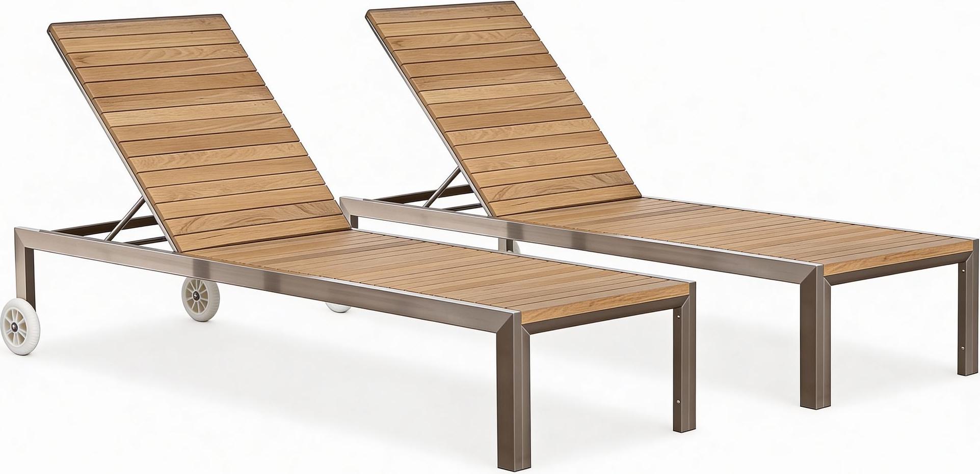 ALEOS Doppelpack Designer Sonnenliegen Edelstahl A-Grade Teak Holz, Räder