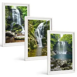 BILDER SET 3er Set - 40x60 cm Weißer Rahmen - Wasserfälle, grüne Umgebung