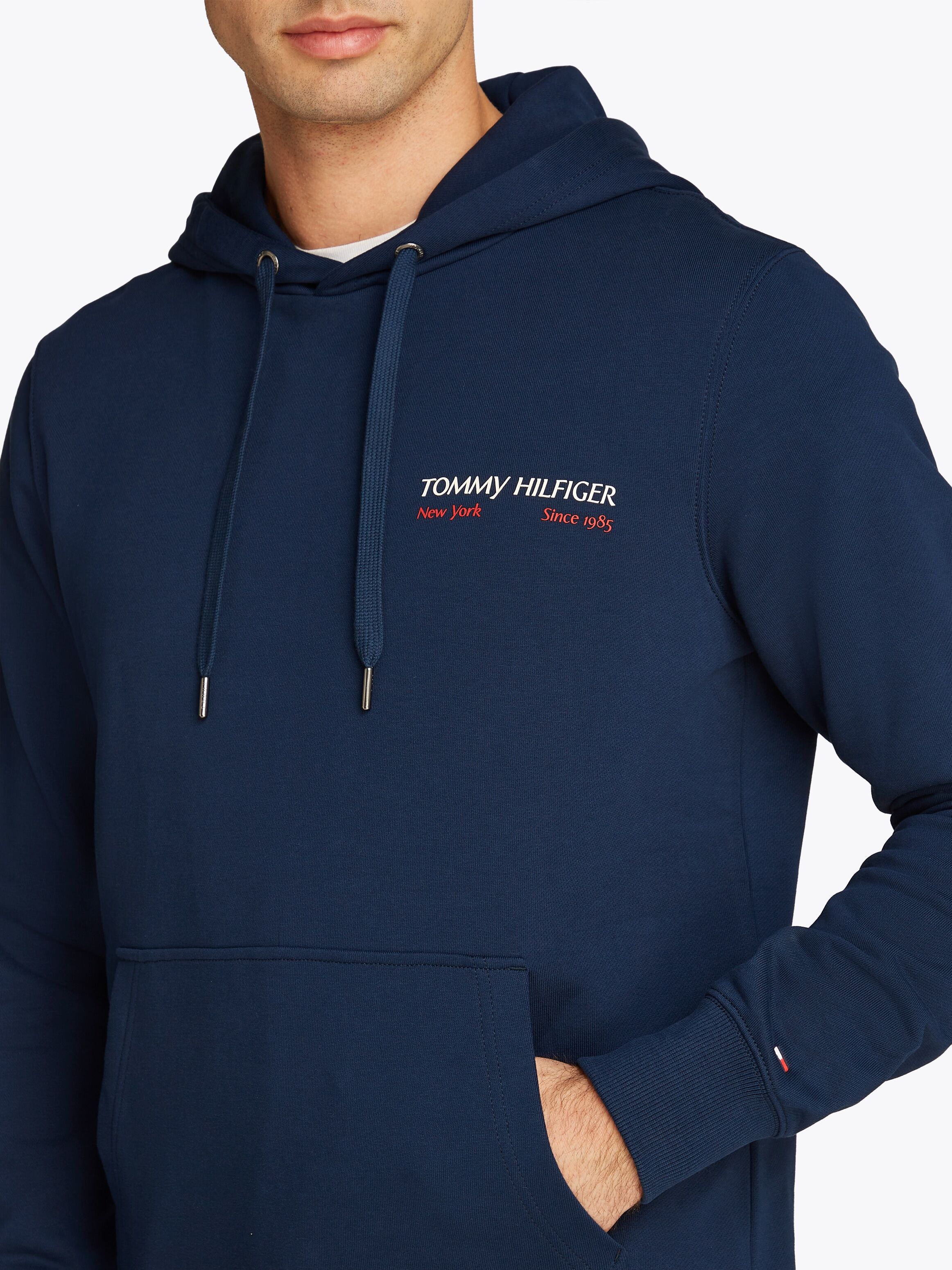 Kapuzensweatshirt TOMMY HILFIGER "HILFIGER COLOR PHOTO PRT HOODIE", Herren, Gr. L, blau (night sky), Sweatware, Obermaterial: 100% Baumwolle, regular fit, Rippbündchen, Sweatshirts Kapuzensweatshirt, mit grossem Fotoprint auf dem Rücken night sky L
