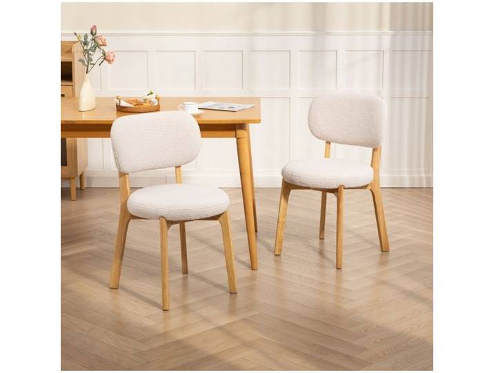 WUVRIE Lot de 2 chaises de salle à manger bouclette crème dossier incurvé bois d'hévéa
