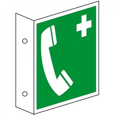 Schild I Rettungs-Fahnenschild Notruftelefon, doppelseitig, Kunststoff, 200x200mm, ASR A1.3, DIN EN ISO 7010 E004
