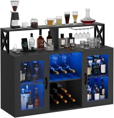 Garvee Farmhouse Wine Bar Cabinet with LED & Power Outlet
