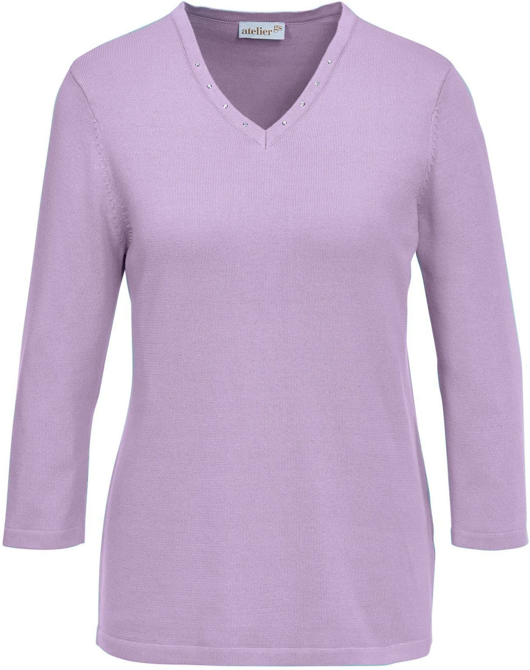 Rundhalspullover GOLDNER "Pullover in hochwertiger Qualität", Damen, Gr. 44, lila (flieder), Obermaterial: 100% Baumwolle CO., V-Ausschnitt, weit normales Bündchen, Pullover Rundhalspullover, Glitzersteine am V-Ausschnitt