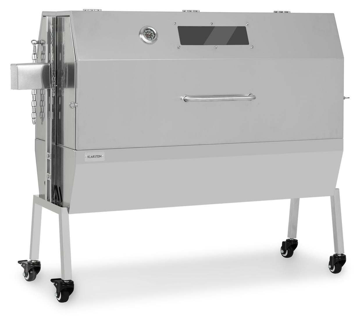 Klarstein 2-in-1 Rotisserie Grill mit Motor, Grill mit Drehspieß, Großer Spießgrill für Spanferkel, Grill mit Sichtfenster, Spieß Grill mit Edelstahl-Rost, Großer Holzkohlegrill mit Bodenrollen