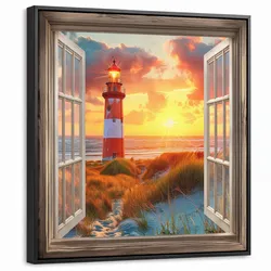 LEINWAND Bilder mit Rahmen - Aussicht - Fenster - Leuchtturm - Sonnenuntergang - Strand - 50x50