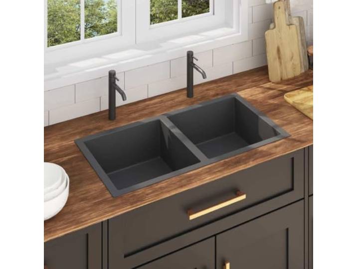 Xolmizyn Einbauspüle Küche Edelstahl 2 Becken Schwarz 86.5x44x20 cm Handgefertigt, Satin-Finish, Schalldämmende Pads, X-Form Abfluss