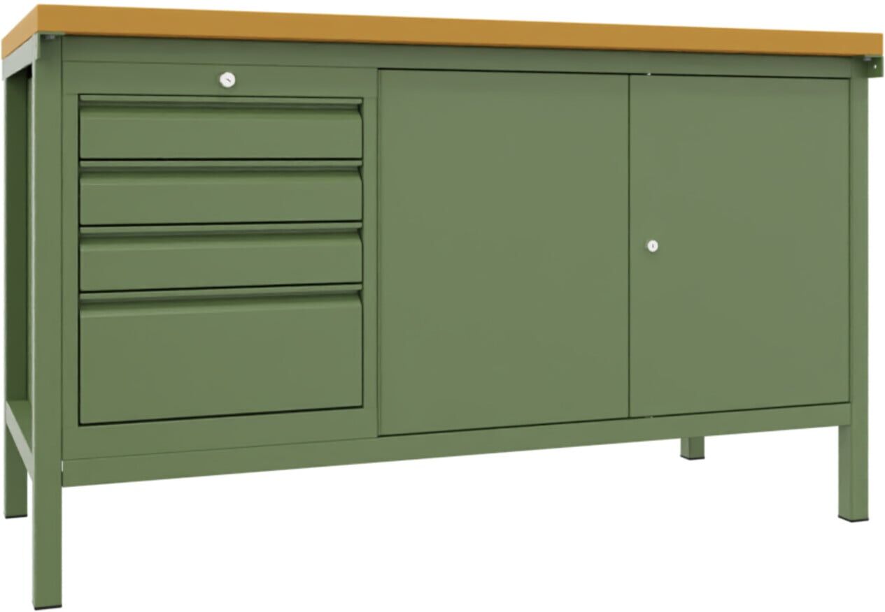 Pavoy Werkbank, 1500x700x900 mm, 1 Schubladenblock, 1 Schrank, RAL 6011 (58592-150-000-611)