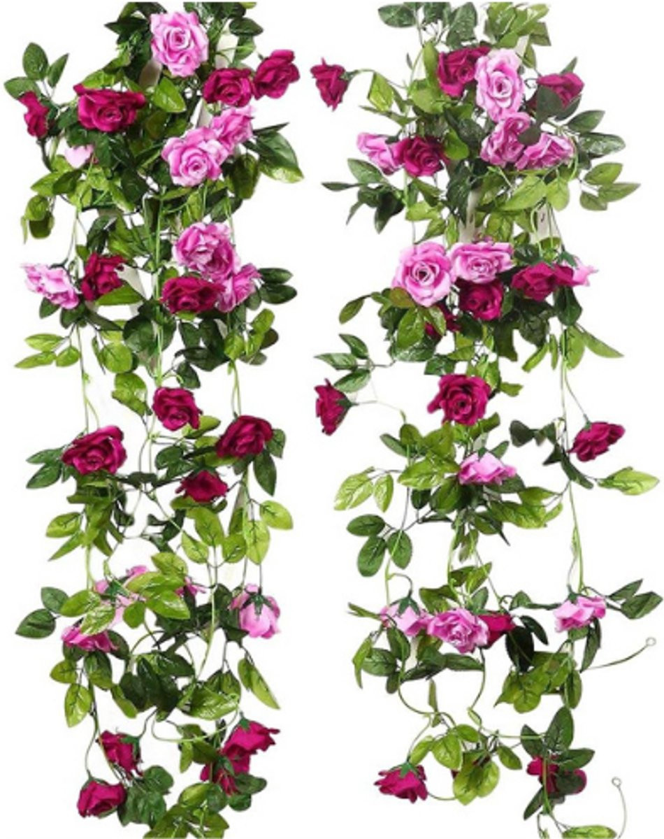 2 Stuks Kunstrozenslinger-Ranken van 240 cm met Tweekleurige Zijden Bloemen voor Buiten- en Binnendecoratie, Magenta
