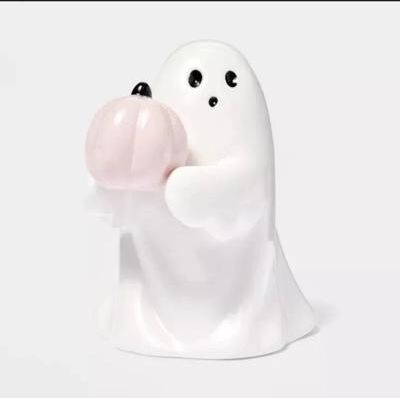 Inspired Living Cute Halloween Ghost Figurine With Pink Pumpkin & Bat Resin Ghost Statue Halloween Tabletop Decor pumpkin