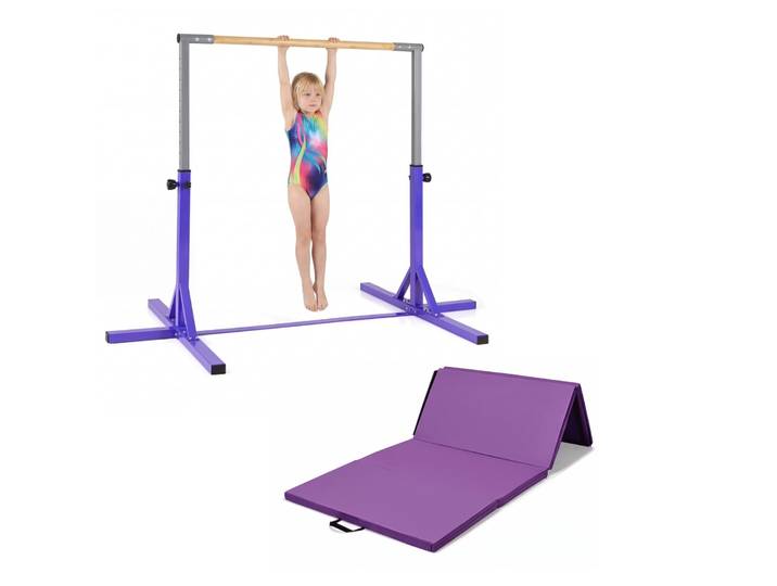 Turnstang Horizontale Turnstang In Hoogte Verstelbaar tot 12 Standen Paars+Gymnastiek Mat Opvouwbare Gymnastiek Mat Paars