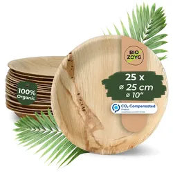 BIOZOYG 25 Stück Einwegteller Ø 25cm Palmblatt-Teller, rund, biologisch abbaubar, umweltfreundlich, kompostierbar, wiederverwertbar, Wegwerfteller