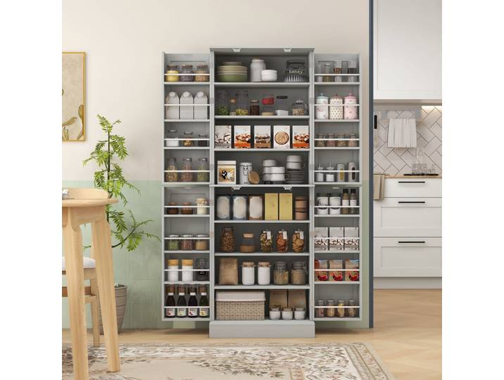Armoire de cuisine rangement moderne portes étagères bois gris