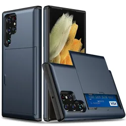 Schutzhülle für Samsung Galaxy S22 Ultra Blau Handyhülle Schutztasche Case Cover Tasche Transparent Smartphone Bumper (Kartensteckplatz-Kreditkarte-Geldscheine)