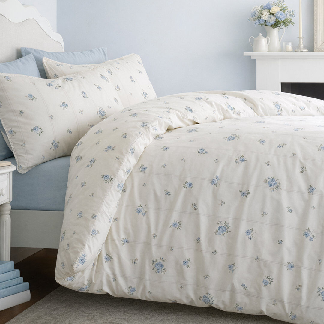 Bianca Cotton Vintage Rosebud Lace 200 Thread Count Cotton Reversible Duvet Cover Set Blue Double