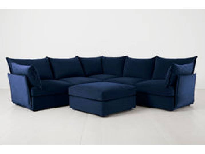 Ecksofa Model 06 mit Polsterhocker, Indigoblau