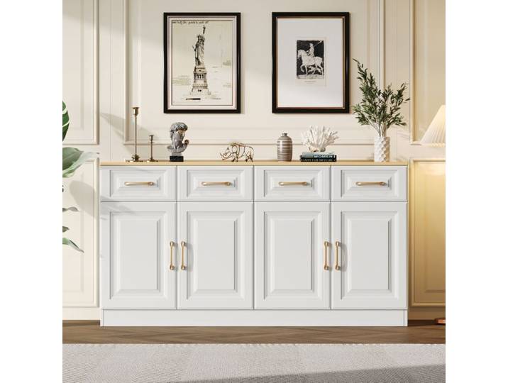 Buffet blanc style ferme 140 cm avec 4 portes coulissantes et 4 tiroirs meuble café salon cuisine moderne