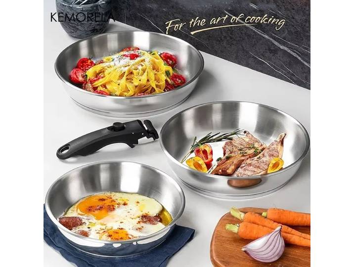 KEMORELA 316 ensemble de poêles à frire en acier inoxydable poêles de cuisson avec poignée amovible Base triple ensemble de poêles en acier inoxydable cuisinière à gaz