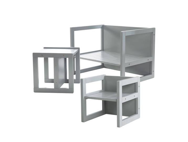 Sitzgruppe im Landhausstil für Kinder, 2 Hocker & eine zum Tisch umwandelbarer Kinderbank, grau