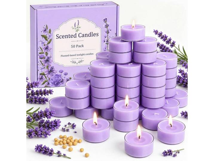 Teelichter 50 Stück Lavendel Duftkerzen Set 4 Stunden Brenndauer, Weiß, Paraffin, 3x5x5 cm, Dekoration, Kerzen & Kerzenhalter, Teelichter