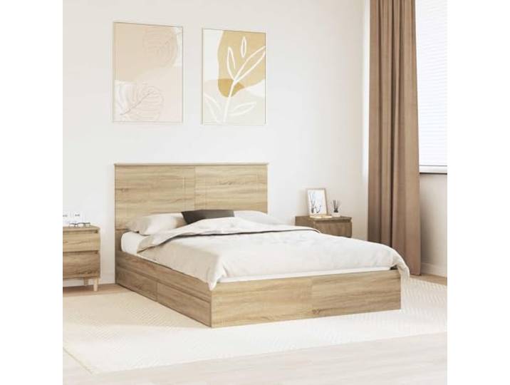 Stauraum Bett mit minimalistischem Design Schlafzimmer Akzent Sonoma Eiche Bett mit Stauraum Sonoma-Eiche 160x200 cm Bettgestell Holzwerkstoff mit Lattenrost und Schubladen