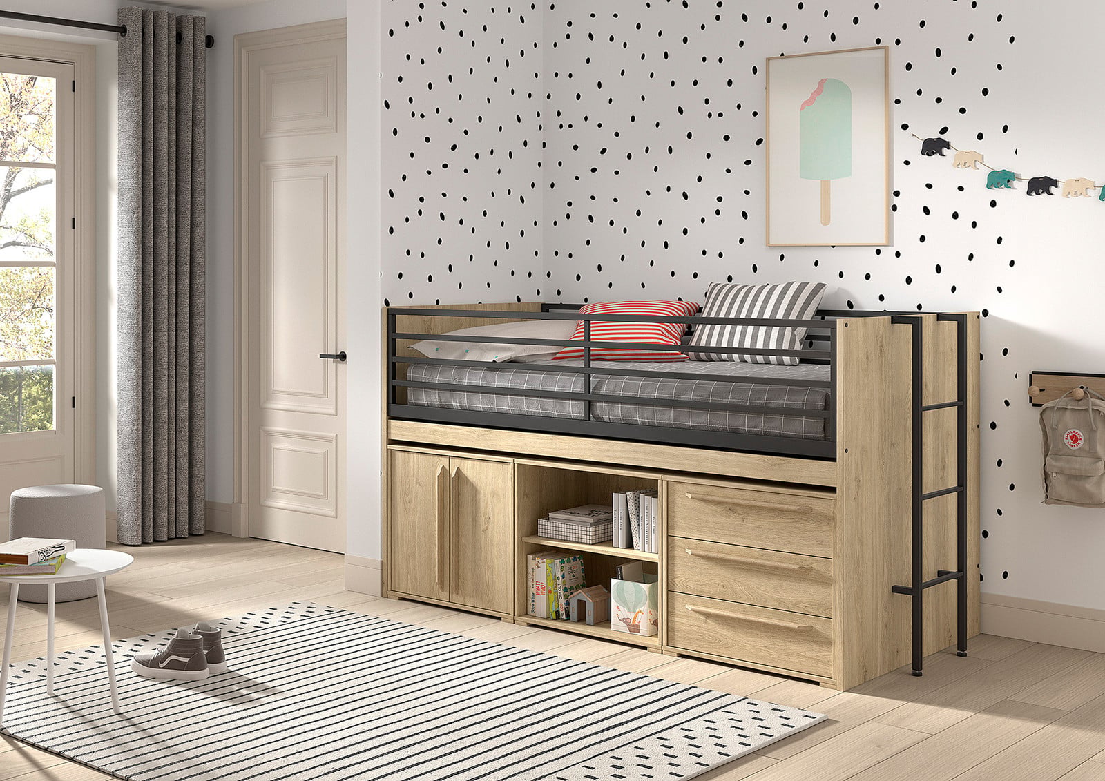 home24 Hoogslaper met kast en open kast, Bruin/Beige/Eikenlook, 90 x 200 cm