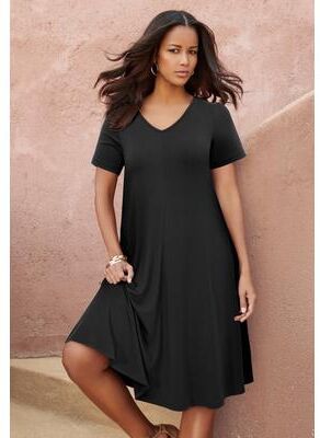 Plus Size Women's Plus Size Short Sleeve Sleeve Swing Dress by Roaman's in Black (Size 14/16)