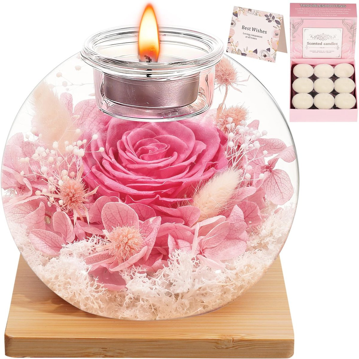 Dailygoods Geconserveerde Roos in Glazen Koepel met 18 Geurkaarsen - Romantische Cadeauset voor Woondecoratie