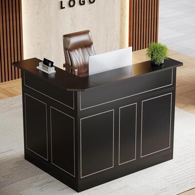 YUZHOU Reception Desk with Storage Shelves, L-Shaped Modern Front Desk